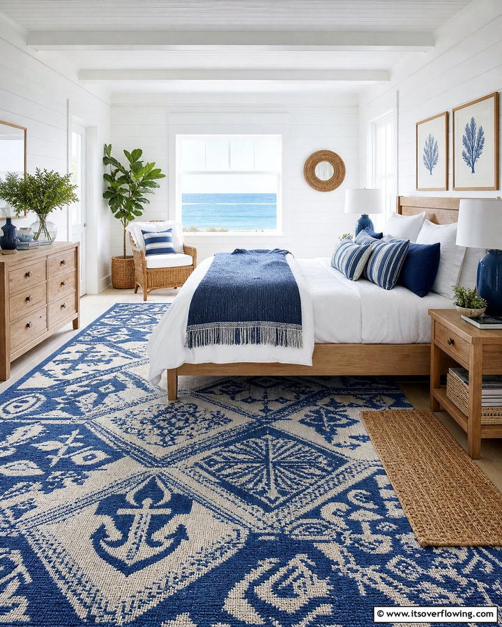 Coastal Rug Patterns and Textiles - 21 Coastal Bedroom Ideas for Relaxing Beach Vibes