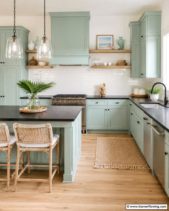 Coastal Serenity - 30 Green Kitchen Cabinets & Black Countertops Pairing Ideas