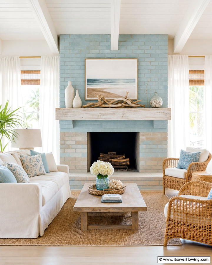 Coastal Serenity Accent - 21 Painted Brick Fireplace Makeovers for Modern Interiors