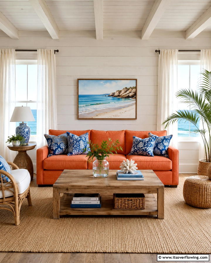 Coastal Serenity with Coral Tones - 25 Orange Couch Living Room Ideas for a Vibrant Space
