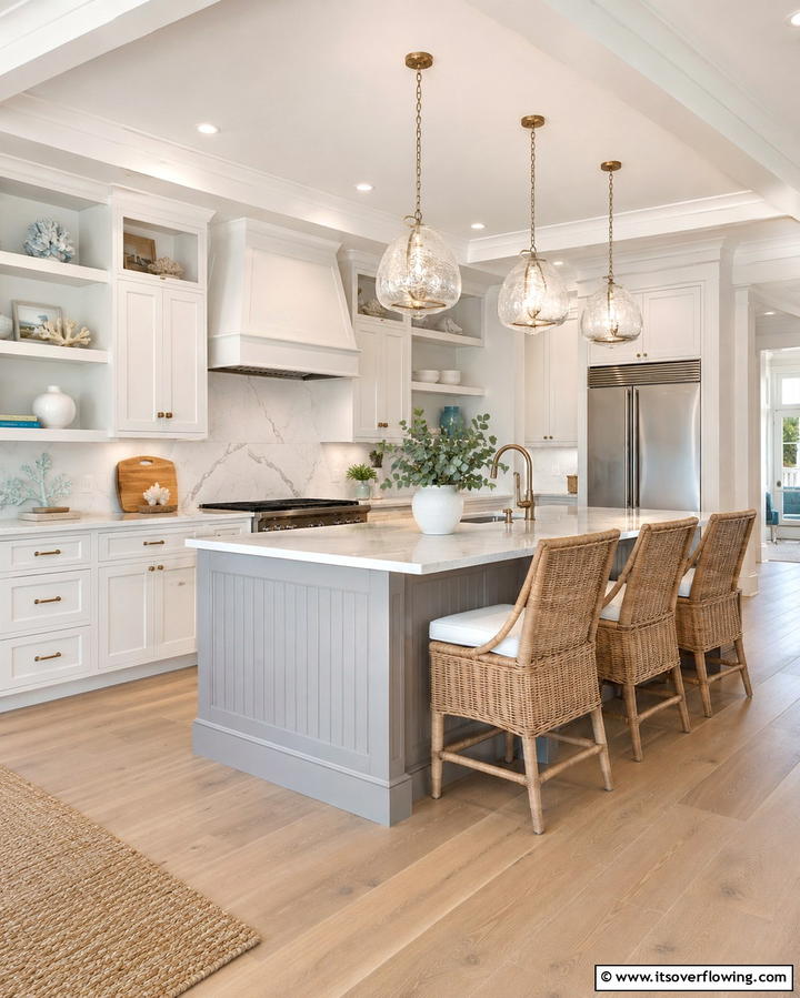 Coastal Serenity with Soft Hues - 25 White Kitchen Cabinets with Grey Island Ideas