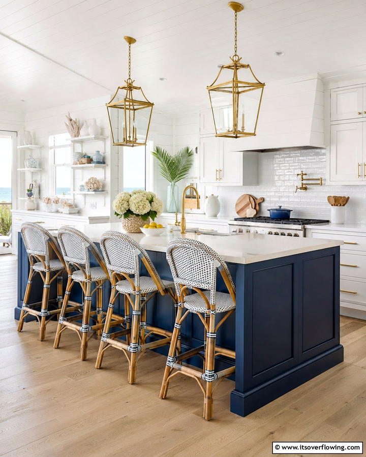 Coastal Shiplap with a Navy Island - 20 Kitchen Shiplap Ideas with Kitchen Island Designs