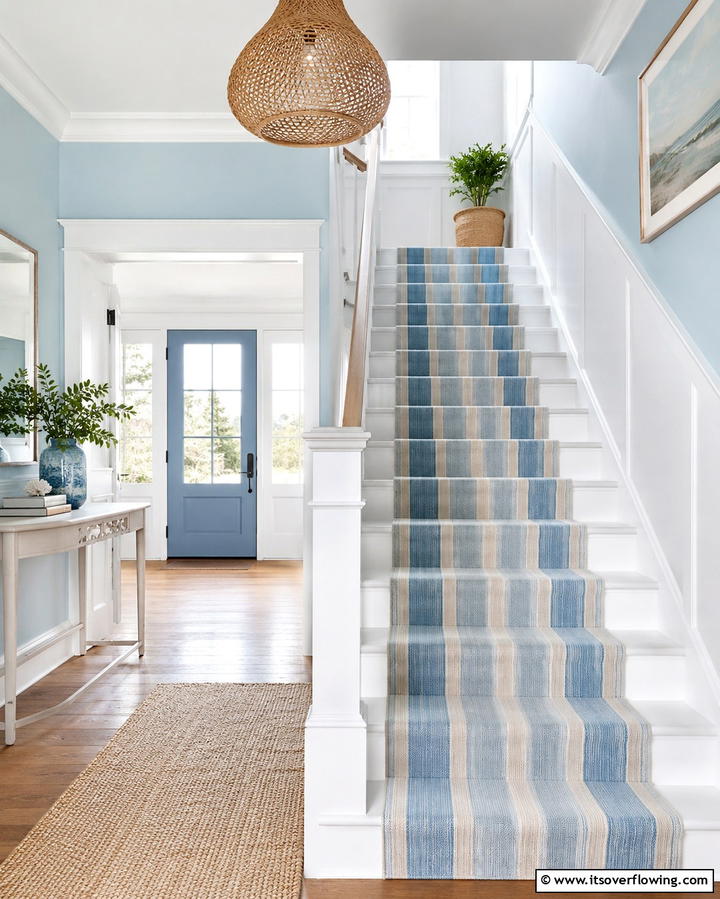 Coastal Stripes in Soft Blues - 25 Stair Runner Ideas for Safety and Style in Your Home