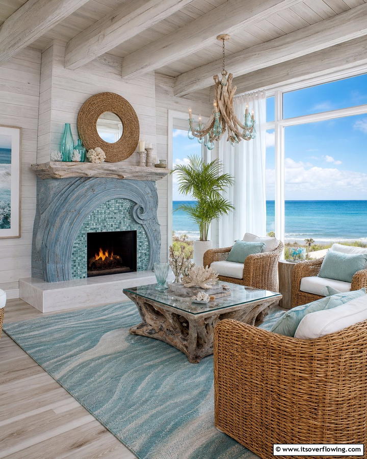 Coastal Sunroom with Sea Inspired Fireplace - 30 Sunroom With Fireplace Ideas for Year-Round Comfort