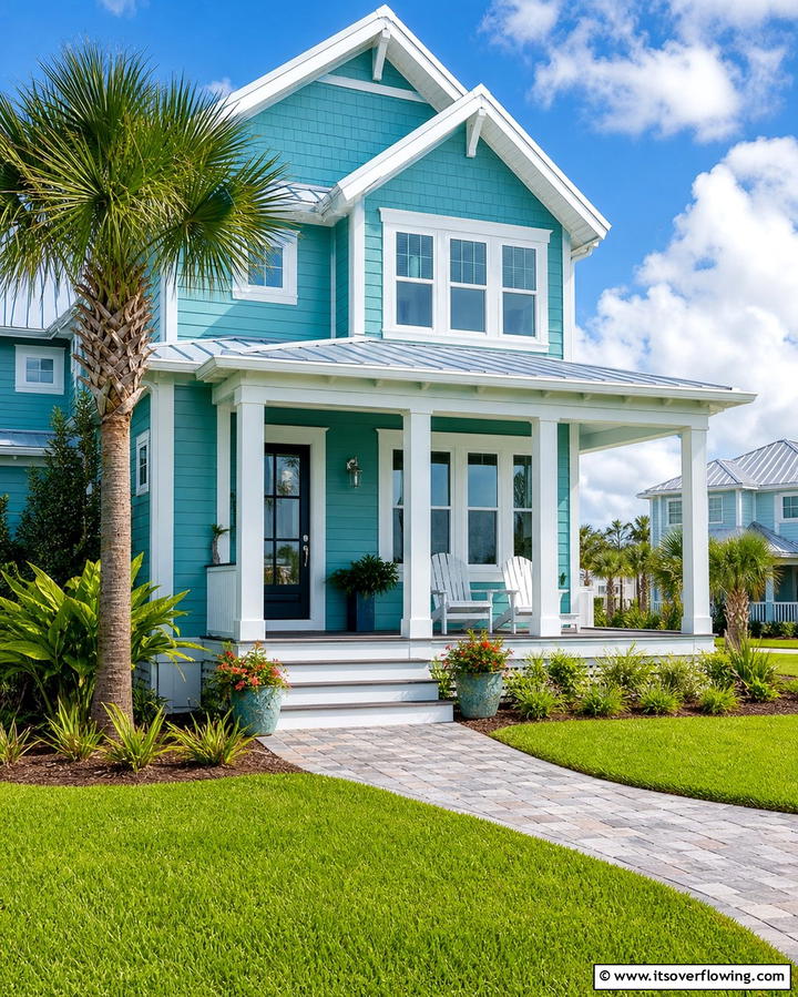 Coastal Teal with White Trim - 25 Teal House Exterior Ideas for a Bold and Beautiful Look