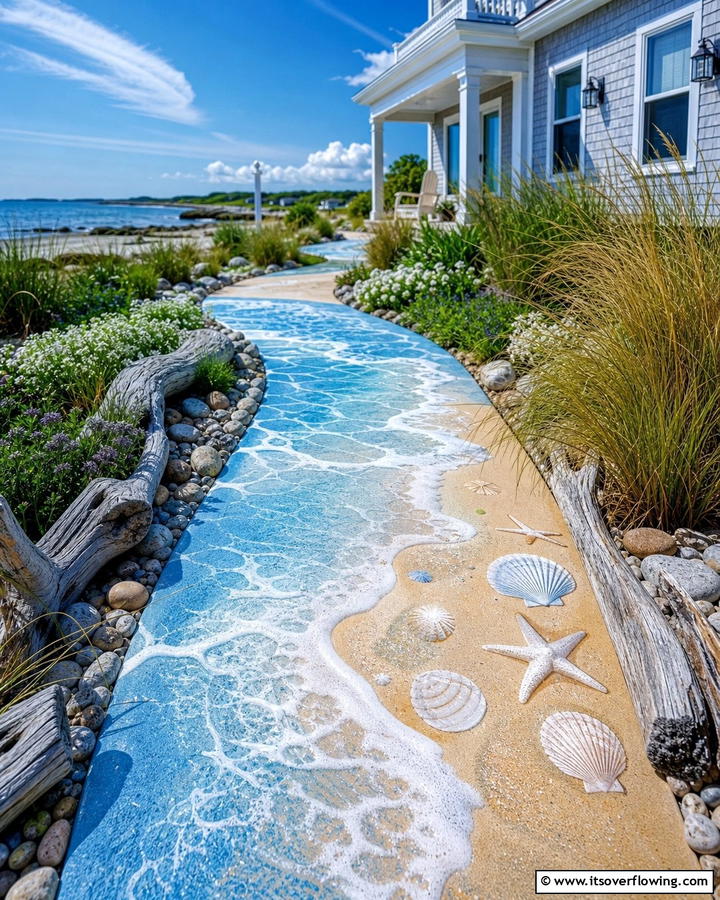 Coastal Theme with Waves and Shells - 20 Concrete Walkway Painting Ideas for a Unique Path