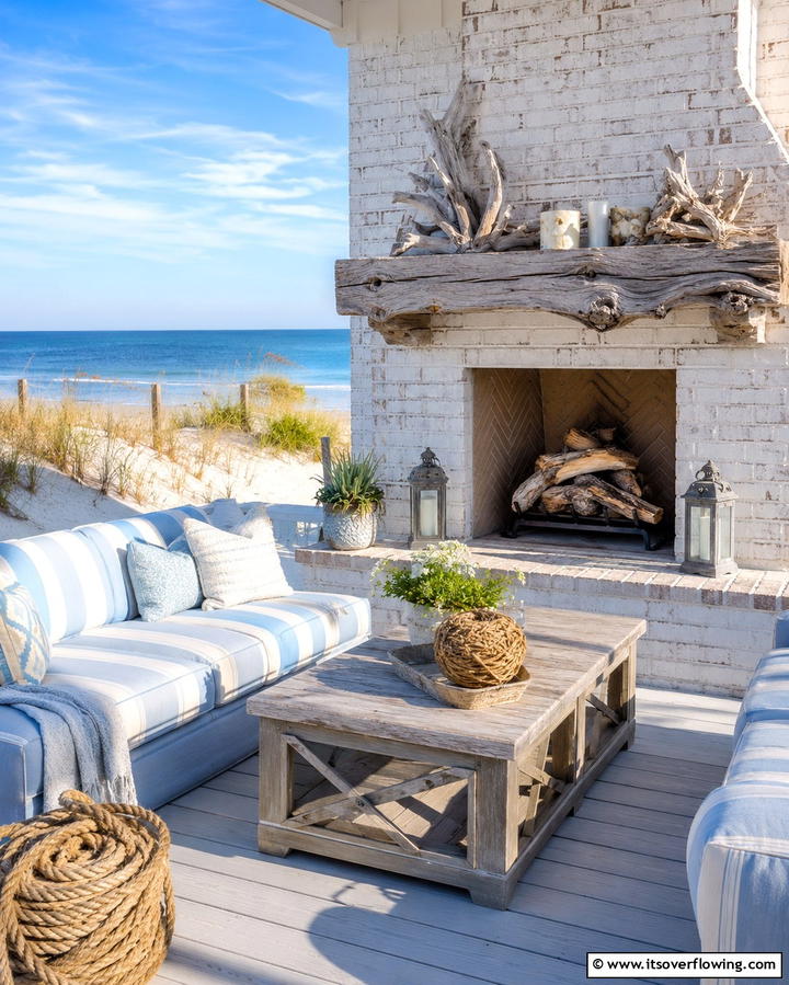 Coastal Themed Fireplace with Driftwood Accents - 25 Outdoor Corner Fireplace Ideas for Cozy Nights