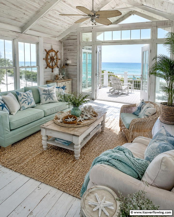 Coastal Themed Sunroom and Deck - 25 Sunroom and Deck Combo Ideas for Seamless Indoor-Outdoor Living