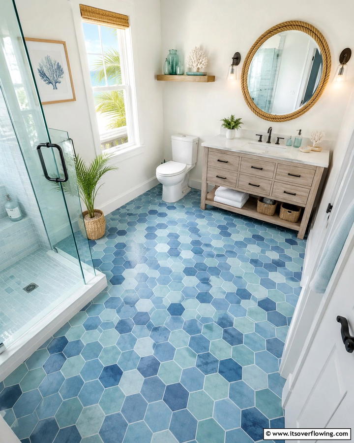 Coastal Vibes with Blue Hexagon Tiles - 30 Bathrooms with Hexagon Tile Floor Design Ideas