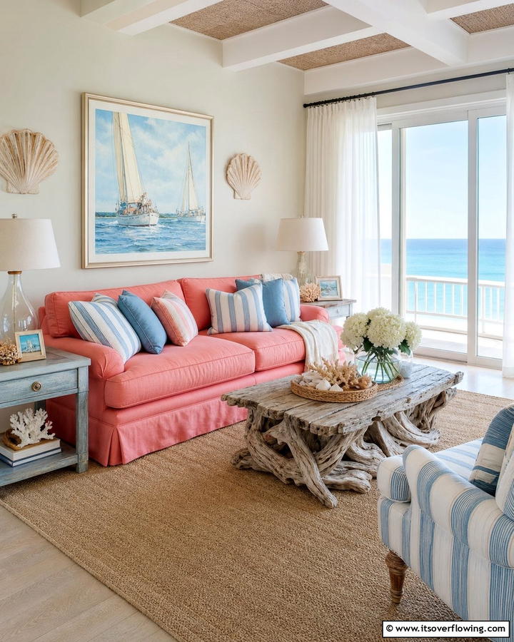 Coastal Vibes with Coral Pink - 20 Pink Couch Living Room Ideas for a Bold Statement