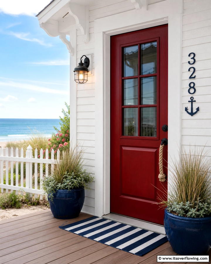 Coastal Vibes with Dark Red and Nautical Accents - 25 Dark Red Front Door Ideas for a Bold Entrance