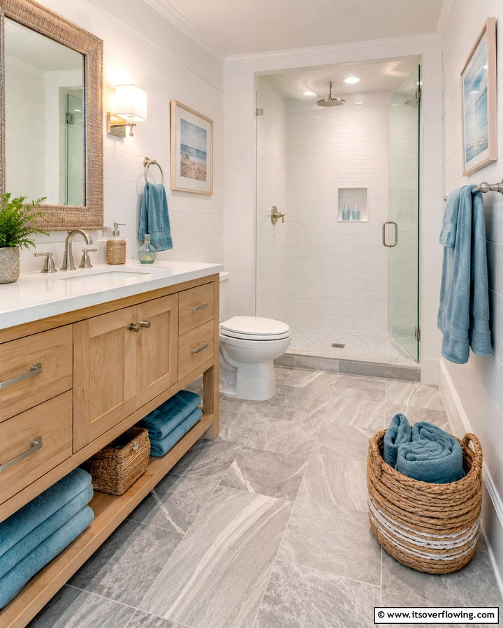 Coastal Vibes with Gray and White Flooring - 30 Gray Floor Bathroom Design Ideas for Sleek Minimalism