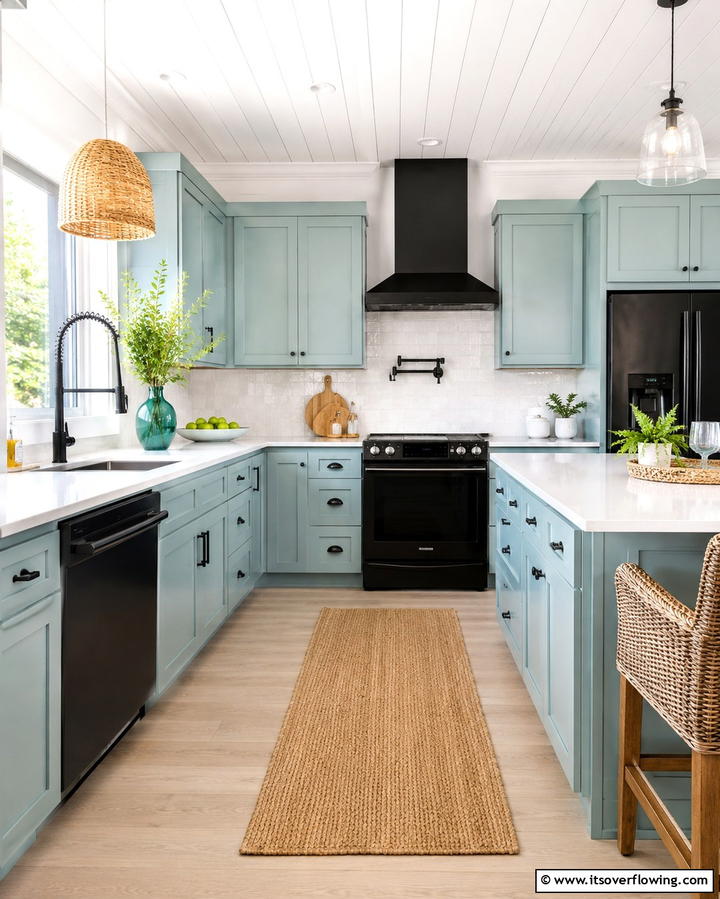 Coastal Vibes with Light Blue Cabinets - 25 Kitchen With Black Appliances for a Sleek and Modern Look