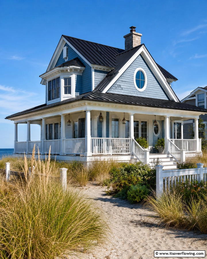 Coastal Vibes with Light Blue Siding - 30 Black Roof Exterior Home Design Ideas for Bold Contrast