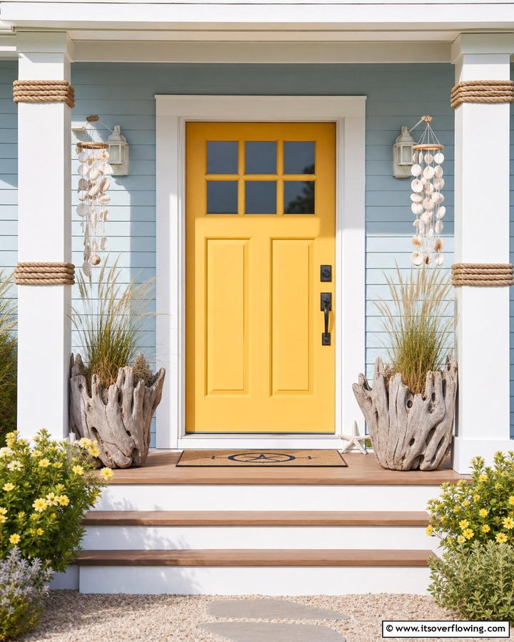 Coastal Vibes with Light Blue Siding - 20 Mustard Yellow Front Door Ideas for a Bold Entrance