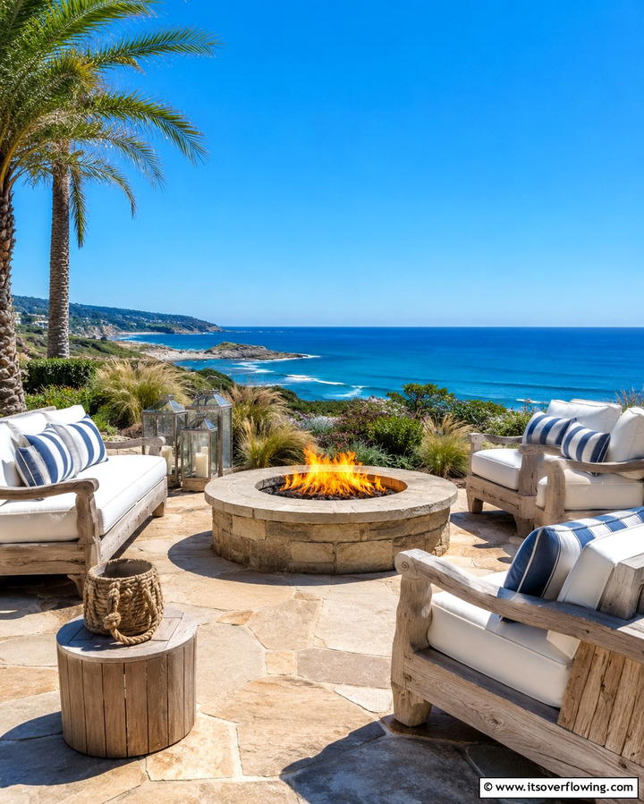 Coastal Vibes with Light Colored Stones - 20 Stone Patio With a Fire Pit Ideas for Cozy Nights