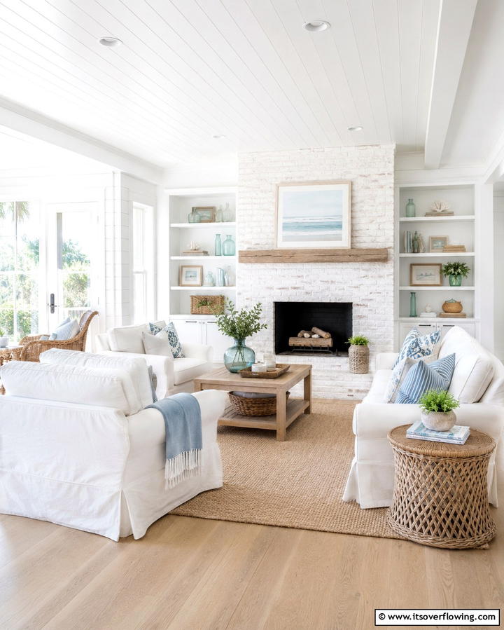 Coastal Vibes with Light Tones - 25 Off-center Fireplace Ideas for a Unique and Modern Living Room