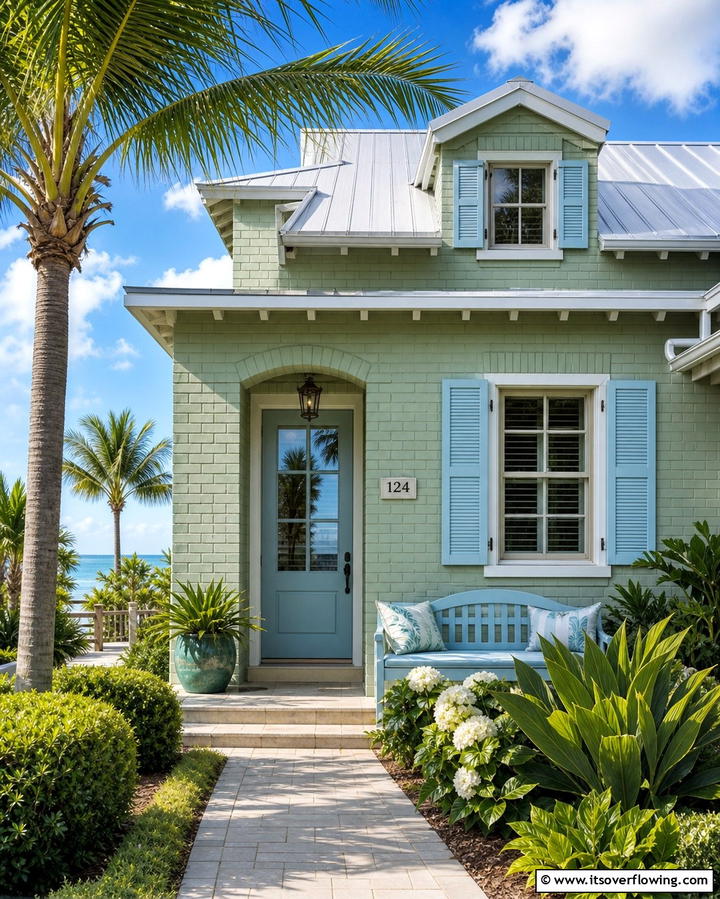 Coastal Vibes with Sage Green and Blue Accents - 25 Sage Green Painted Brick House Ideas for a Fresh Look
