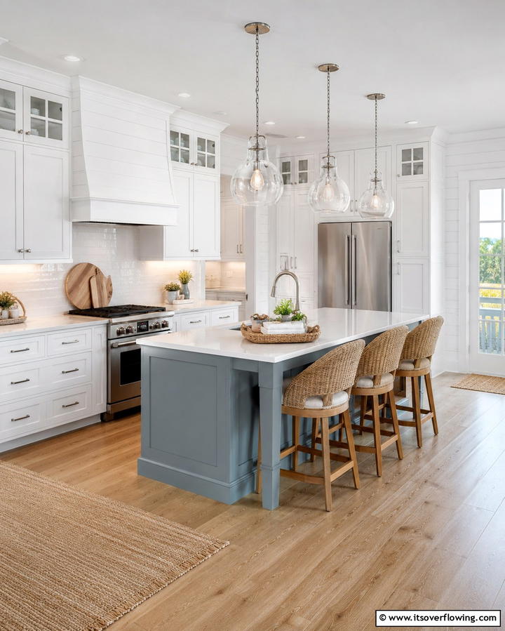 Coastal Vibes with White Cabinets and a Blue Grey Island - 25 White Kitchen Cabinets with Grey Island Ideas