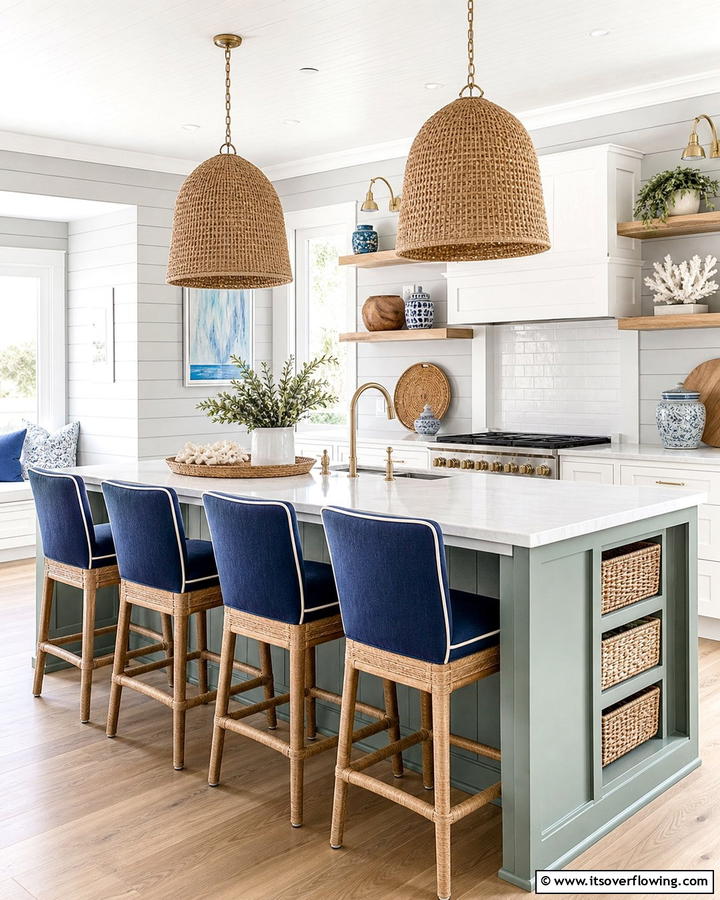 Coastal Vibes with White and Blue Elements - 20 Sage Green Kitchen Island Ideas for a Fresh Look