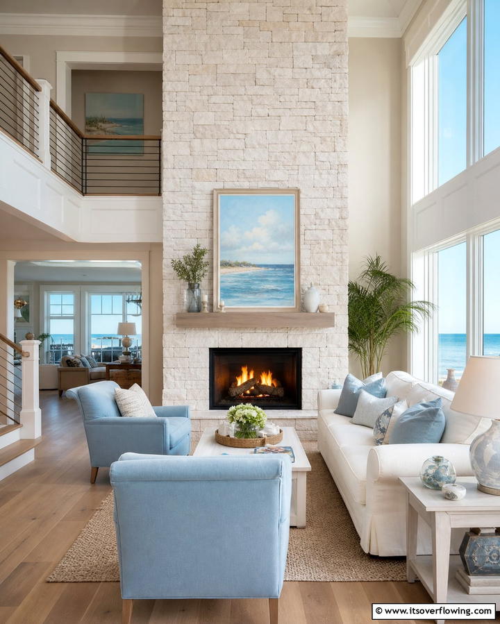 Coastal Vibes with Whitewashed Stone - 25 Floor to Ceiling Stone Fireplace Ideas for Drama