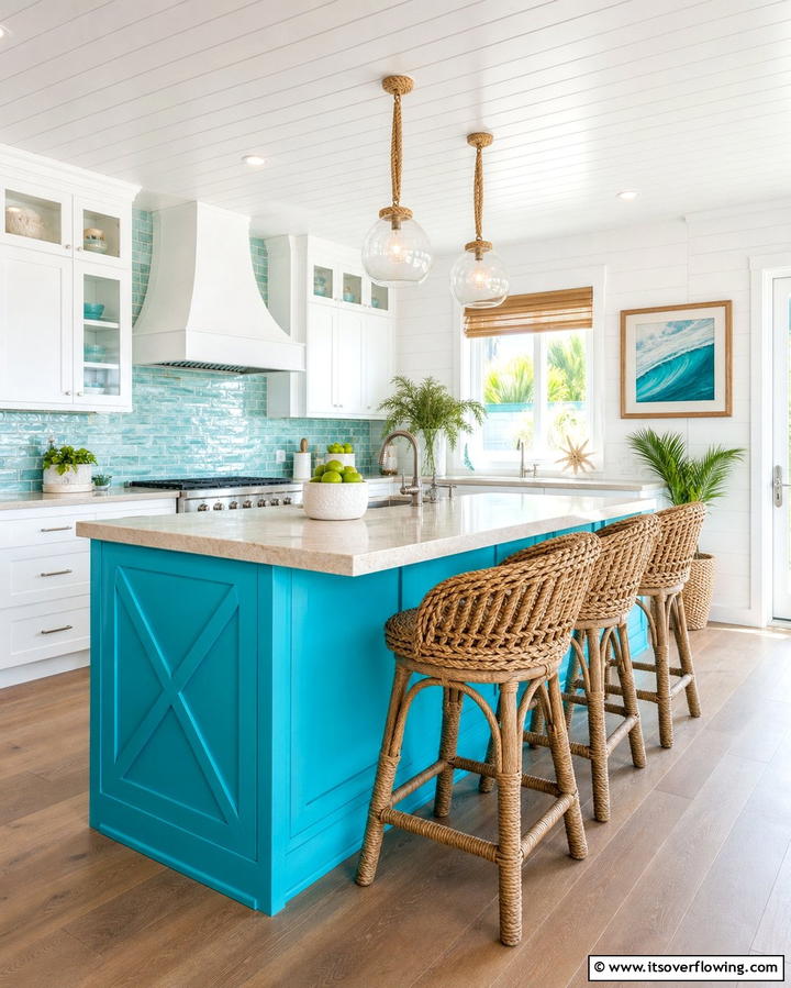Coastal White Cabinets with a Turquoise Blue Island - 25 White Kitchen Cabinets With Blue Island Ideas
