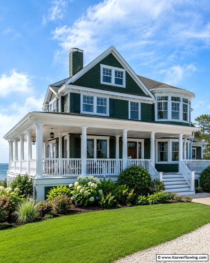 Coastal White and Green Combo - 30 Stunning Dark Green Exterior House Designs for Curb Appeal