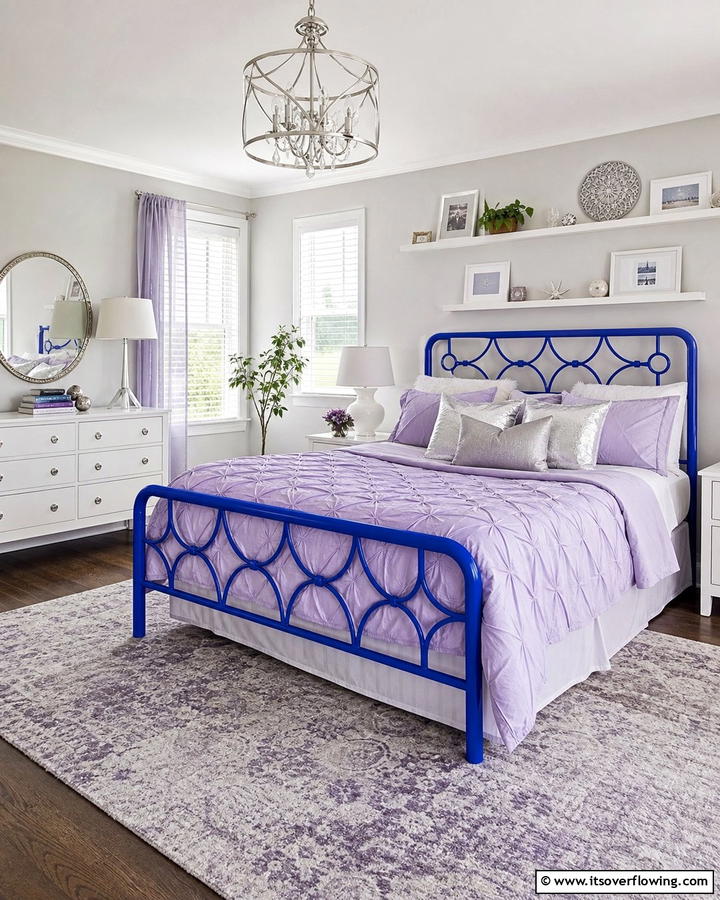 Cobalt Blue Bed Frame with Lilac Bedding - 20 Blue and Purple Bedroom Ideas- Vibrant & Cozy Designs