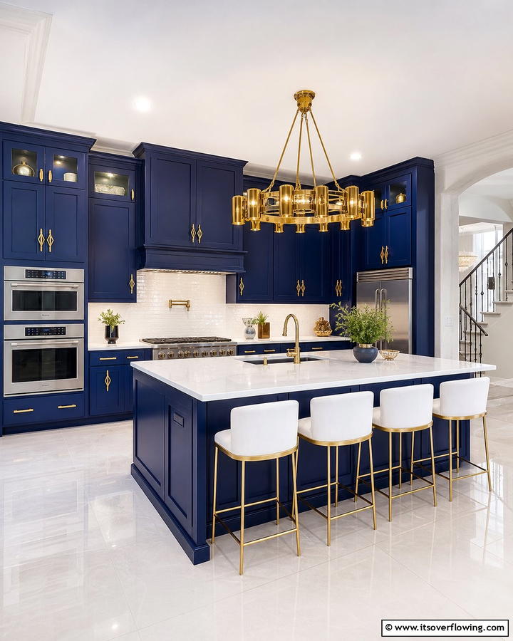 Cobalt Blue Cabinets with Statement Gold Handles - 25 Blue Kitchen Cabinets With Gold Hardware for a Luxe Look