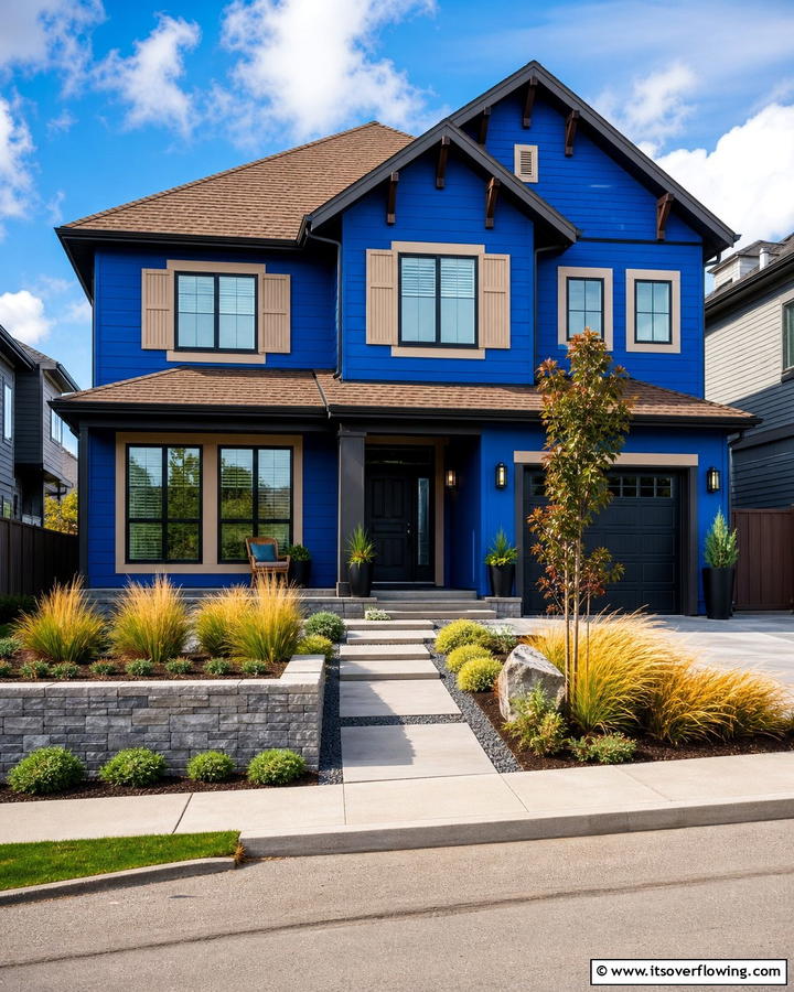 Cobalt Blue and Brown Roof for a Striking Contrast - 25 Stunning Blue Exterior Home with Brown Roof Ideas