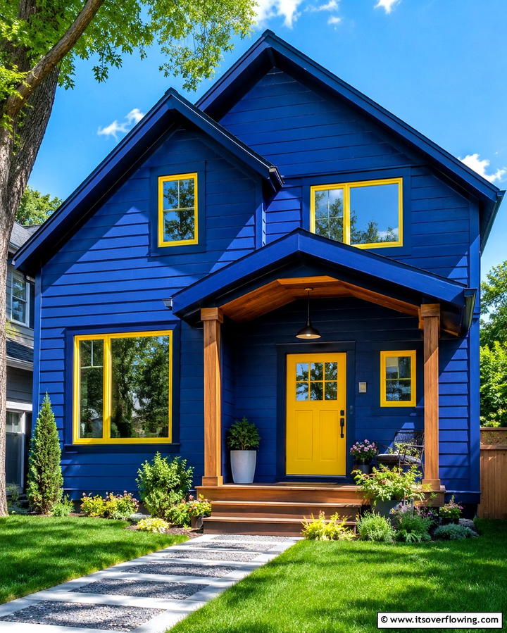 Cobalt Blue with Bright Yellow Accents - 30 Serene Blue Exterior House Paint Ideas for Curb Appeal