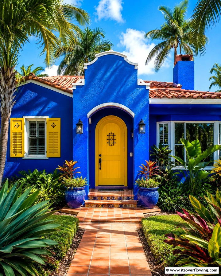 Cobalt Blue with Yellow Accents - 30 Serene Blue Exterior House Paint Ideas for Curb Appeal