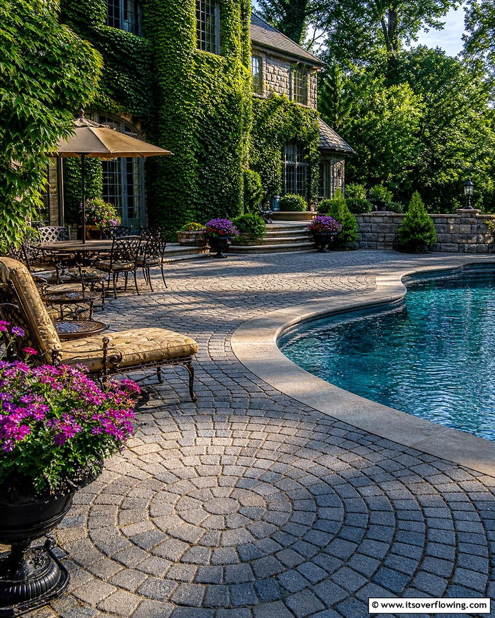 Cobblestone Elegance - 25 Stamped Concrete Pool Deck Ideas for Durability