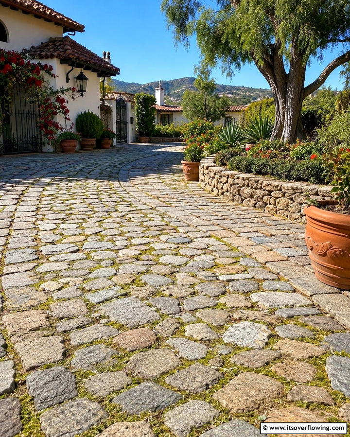 Cobblestone Pathways - 25 Beautiful Front Yard Spanish Style Landscaping Ideas
