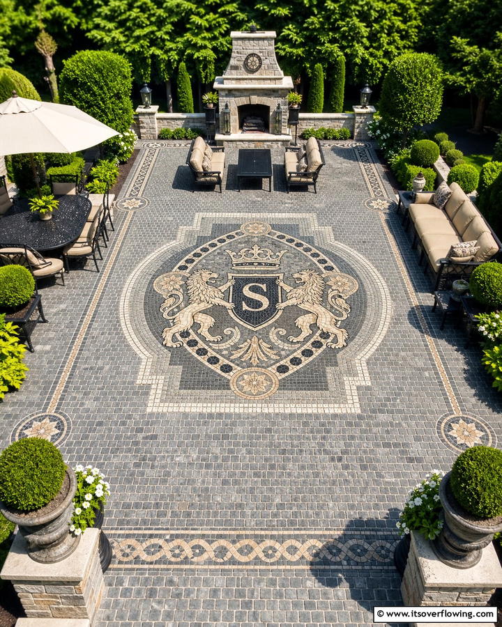 Cobblestone Patio with Custom Inlays - 20 Cobblestone Patio Ideas for a Rustic Outdoor Space
