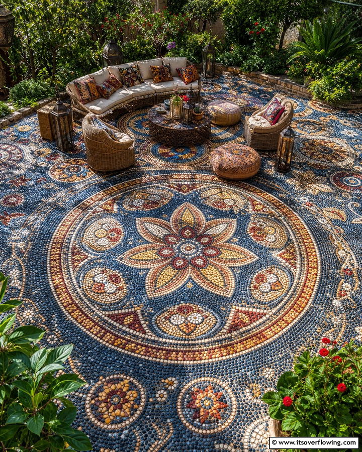 Cobblestone Patio with Mosaic Patterns - 20 Cobblestone Patio Ideas for a Rustic Outdoor Space