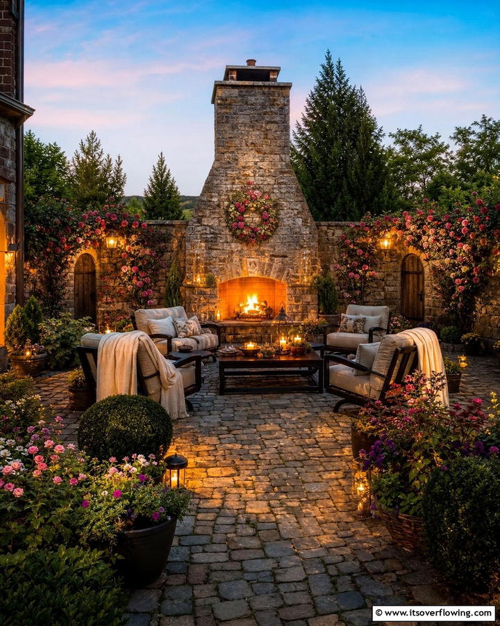 Cobblestone Patio with Outdoor Fireplace - 20 Cobblestone Patio Ideas for a Rustic Outdoor Space