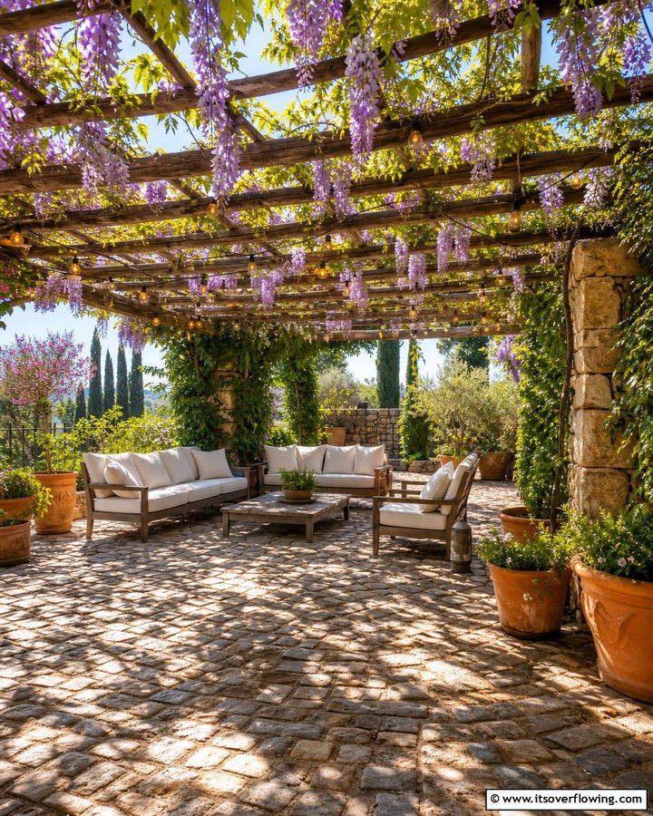 Cobblestone Patio with Pergola - 20 Cobblestone Patio Ideas for a Rustic Outdoor Space