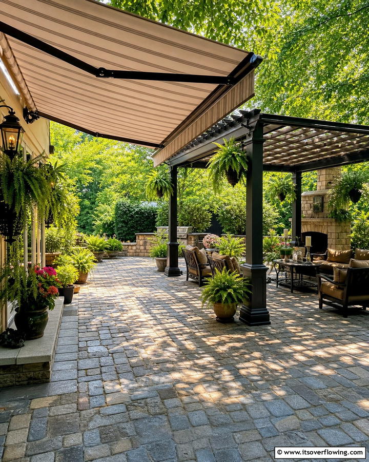 Cobblestone Patio with Shade Structures - 20 Cobblestone Patio Ideas for a Rustic Outdoor Space
