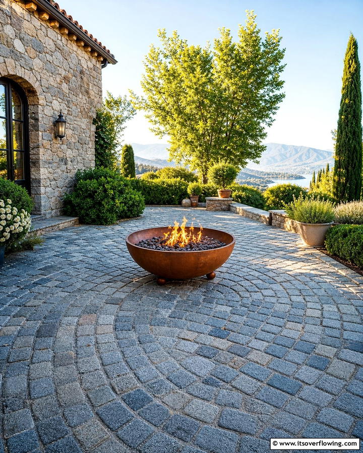Cobblestone Stamped Concrete with Portable Fire Pit - 25 Stamped Concrete Patio With Fire Pit Ideas