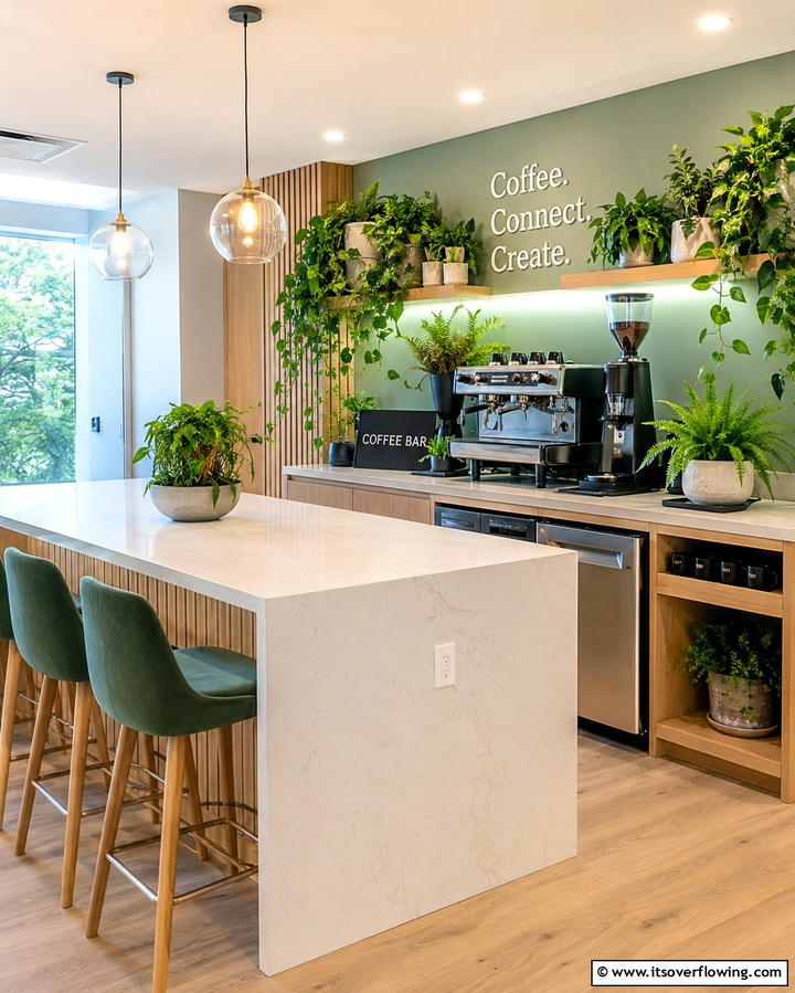 Coffee Station with Greenery - 25 Office Coffee Station Ideas to Boost Your Productivity