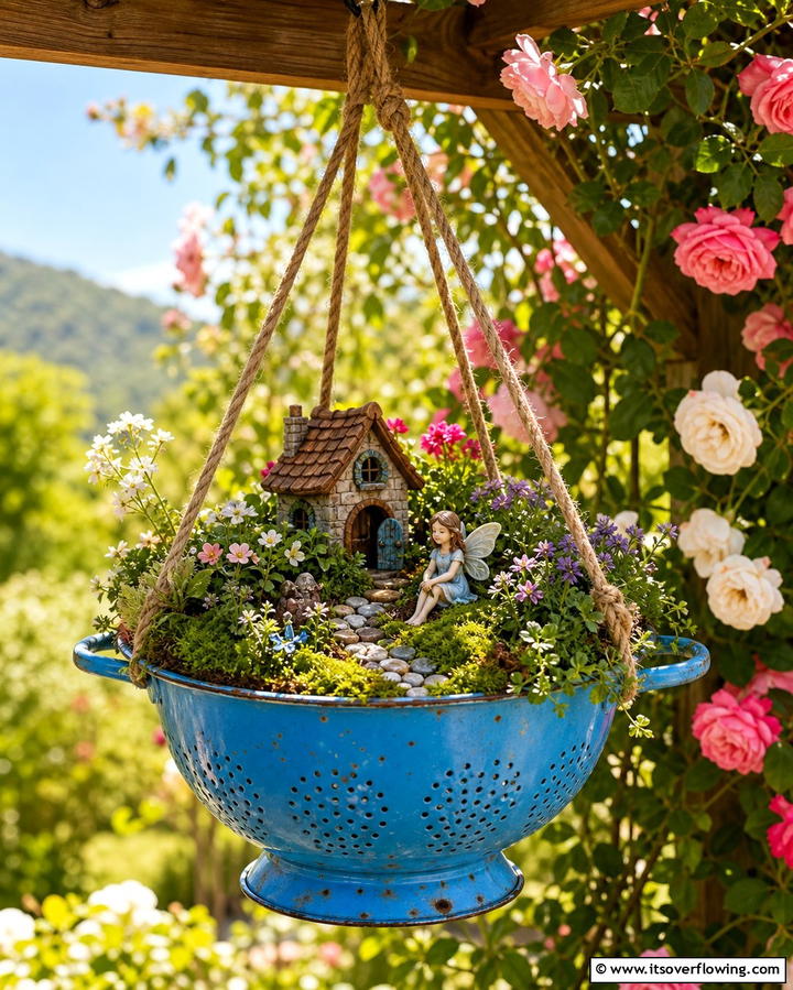 Colander Fairy GardenExact - 25 Fairy Garden Container Ideas for a Magical Touch