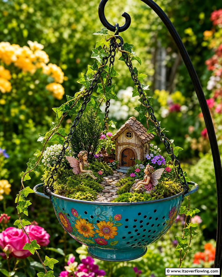 Colander Fairy GardenOne - 25 Fairy Garden Container Ideas for a Magical Touch
