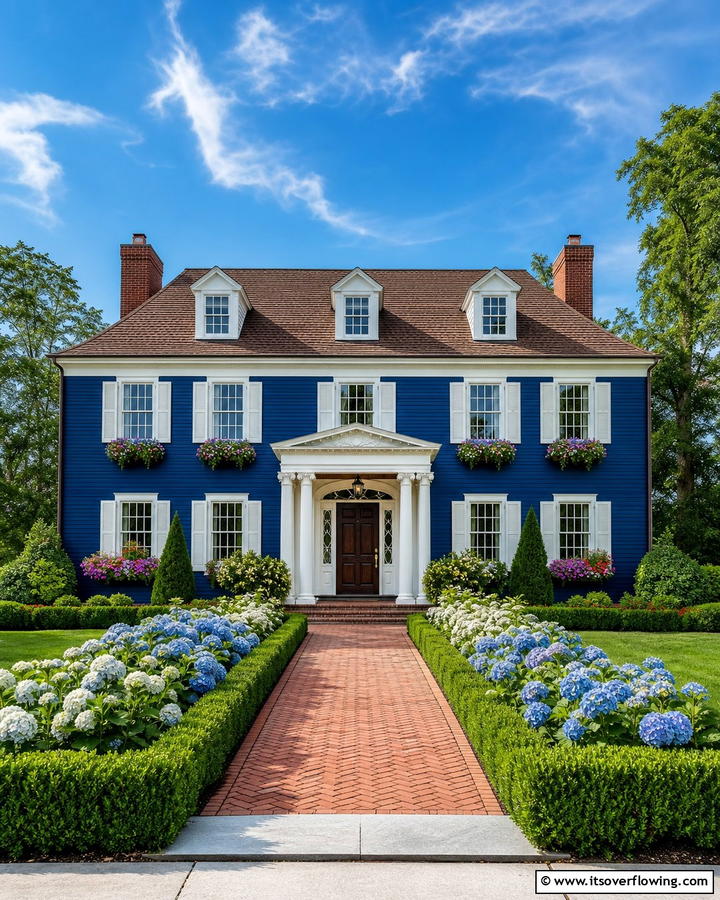 Colonial Style with Blue and Brown - 25 Stunning Blue Exterior Home with Brown Roof Ideas
