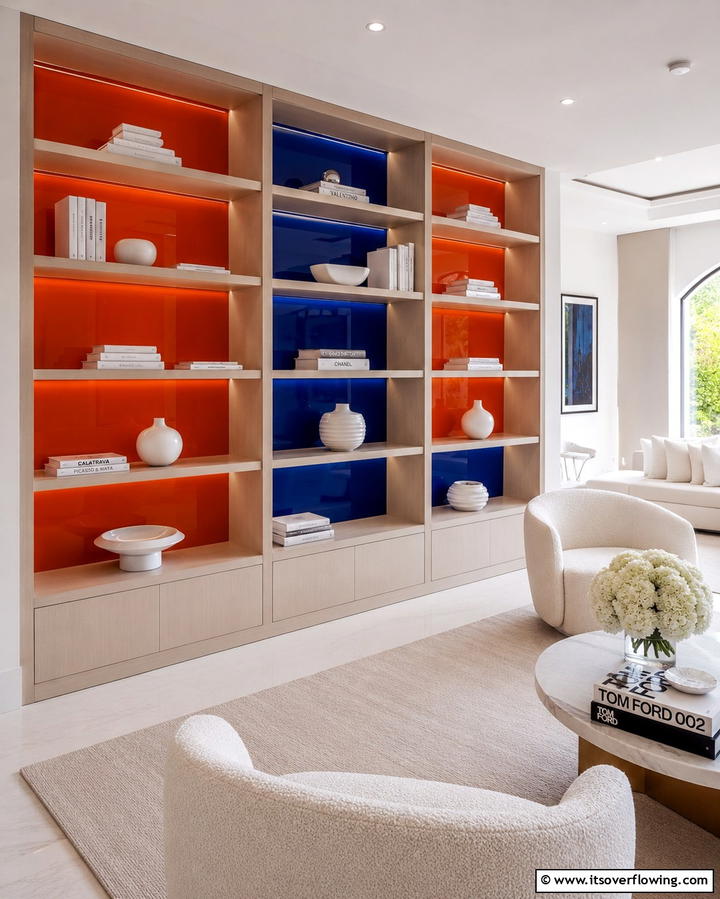 Color Blocked Shelving - 25 Orange and Blue Living Room Ideas for a Bold Look