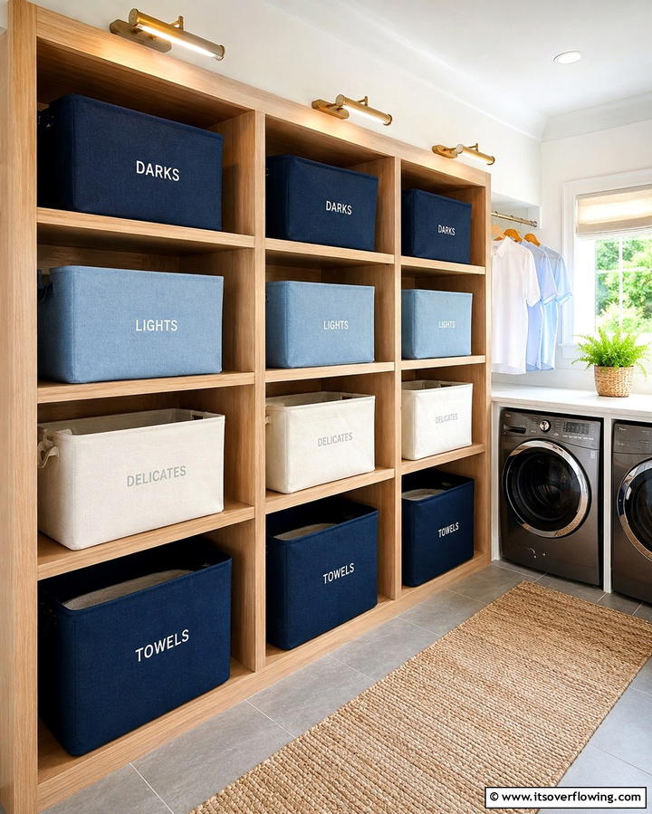 Color Coded Baskets - 25 Laundry Closet Ideas for Small Spaces