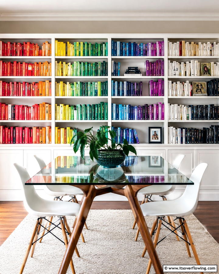 Color Coded Book Arrangements - 25 Library Dining Room Combo Ideas for Book Lovers