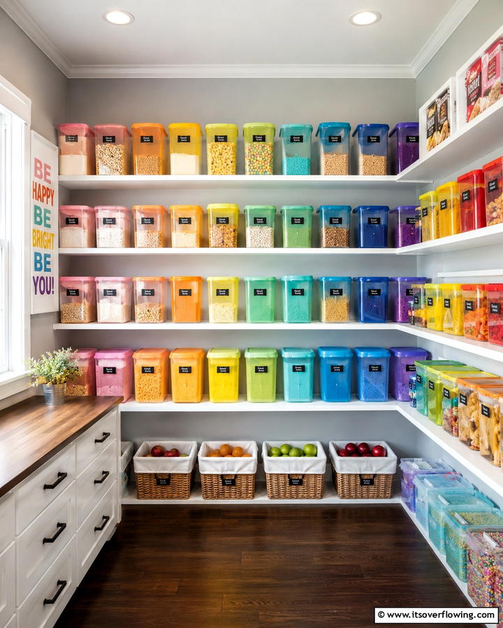 Color Coded Containers for Quick Sorting - 25 Open Pantry Ideas to Organize Your Kitchen