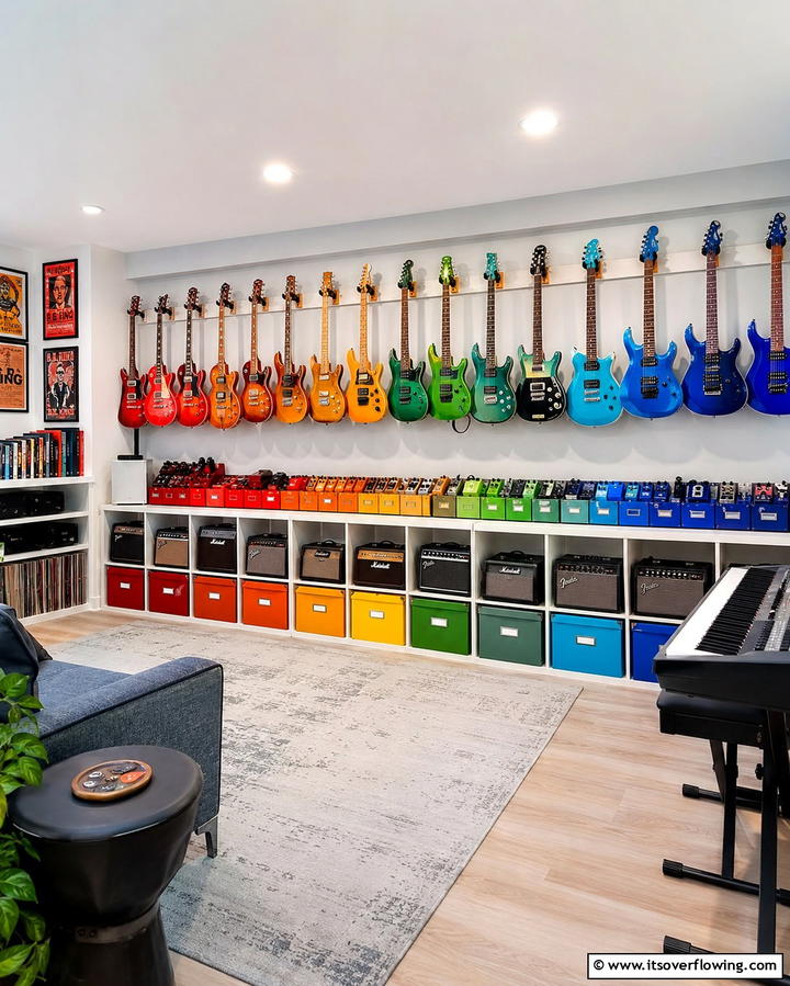 Color Coded Organization - 25 Guitar Room Ideas for Music Lovers