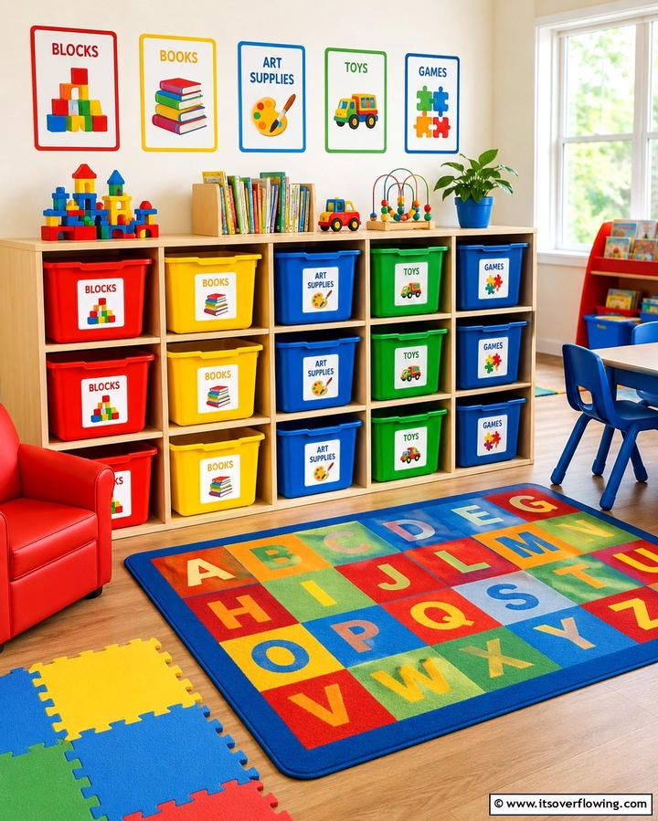 Color Coded Storage Bins for Easy Sorting - 25 Playroom Storage Ideas to Keep Your Kids’ Space Organized